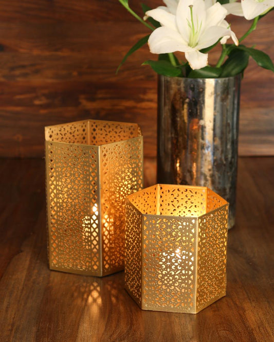Antique Gold Finish Candle Holders | Set  Of 2