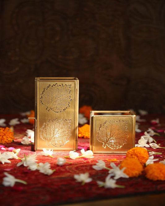 Antique Gold & Glass Leaf Design Candle Holders | Set  Of 2