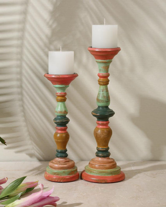 Multicolor Hand Crafted Wooden Candle Holder | Set  Of 2