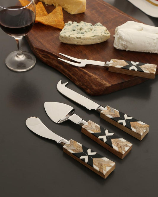 Geometric Design Fork, Spreader, Cheese Slicer & Cheese Knife Set