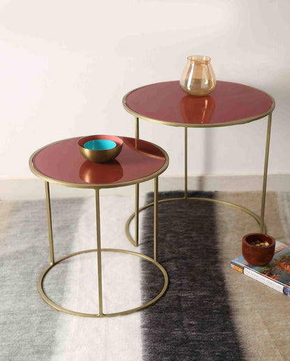 DOUBT IN DIM | Pale Ruby Color Glass Top Nesting Tables | Set Of 2