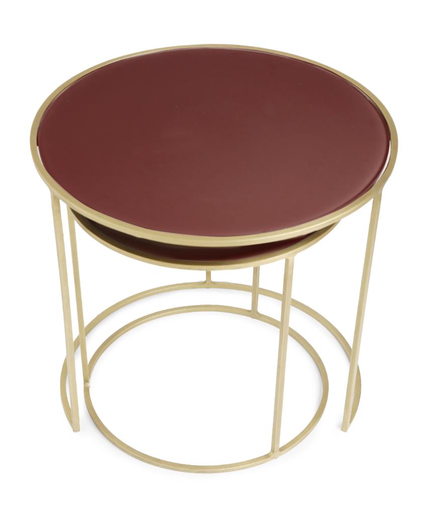 DOUBT IN DIM | Pale Ruby Color Glass Top Nesting Tables | Set Of 2