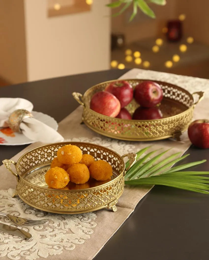 Traditional Platter with Mirror Base and Handle| Set  Of 2