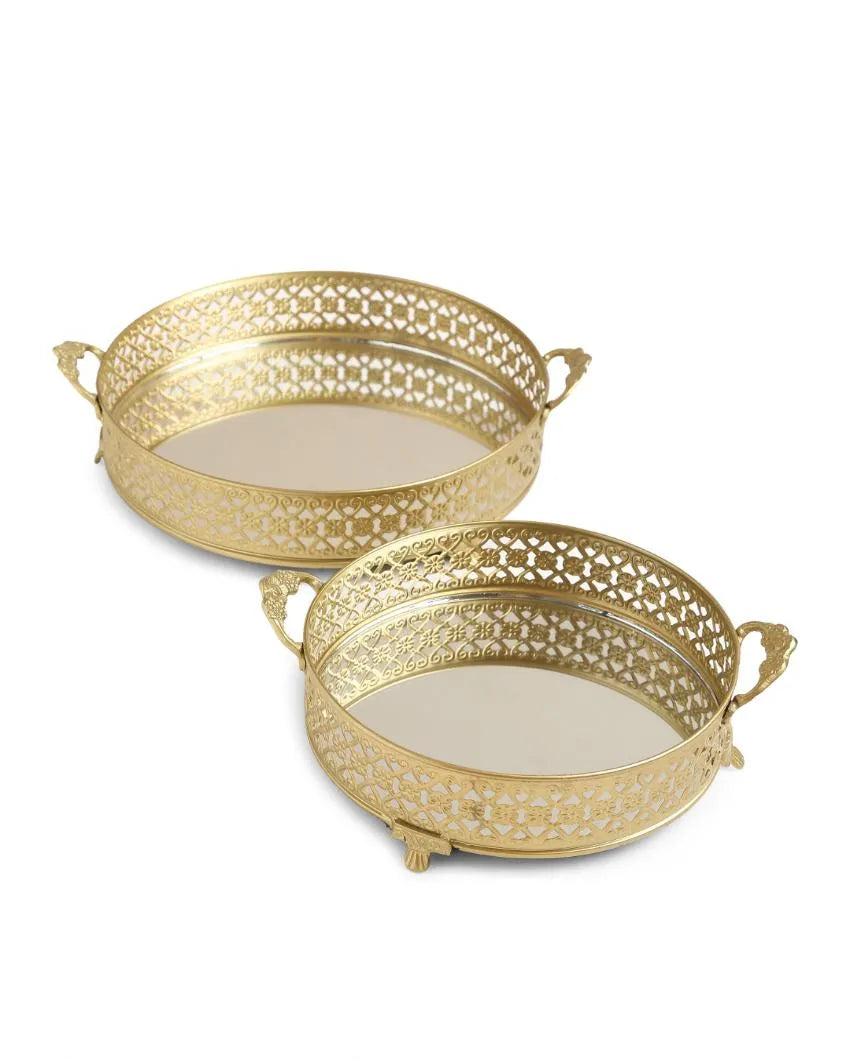 Traditional Platter with Mirror Base and Handle| Set  Of 2