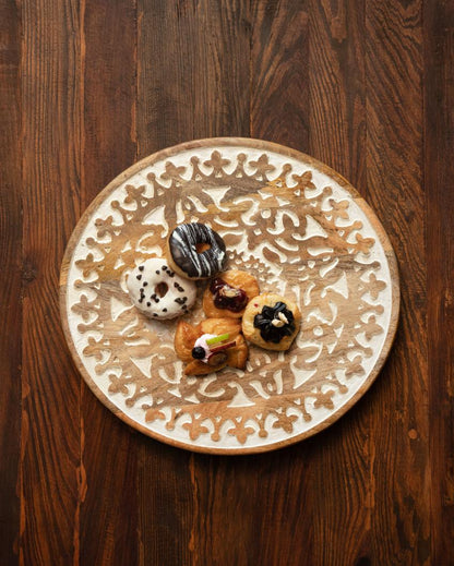 Extensively Carved Mango Wood Lazy Susan Platter