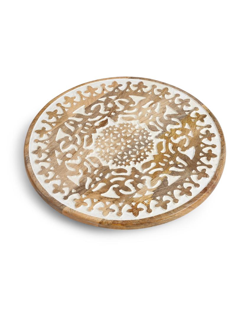 Extensively Carved Mango Wood Lazy Susan Platter