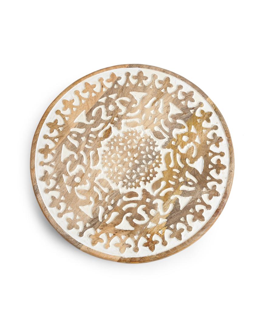 Extensively Carved Mango Wood Lazy Susan Platter