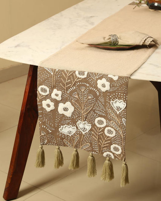 Beige and Black Hand Painted Embellished Table Runner