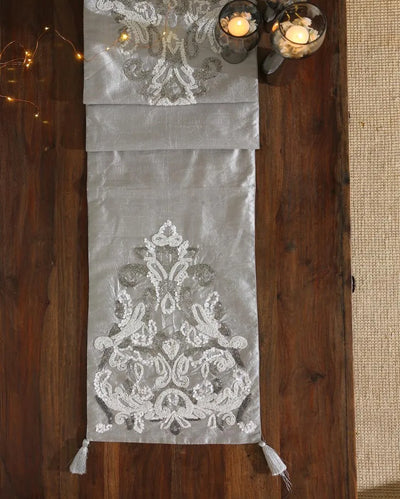 Silver Hand Beaded Polyester Table Runner | 82 x 13 inches