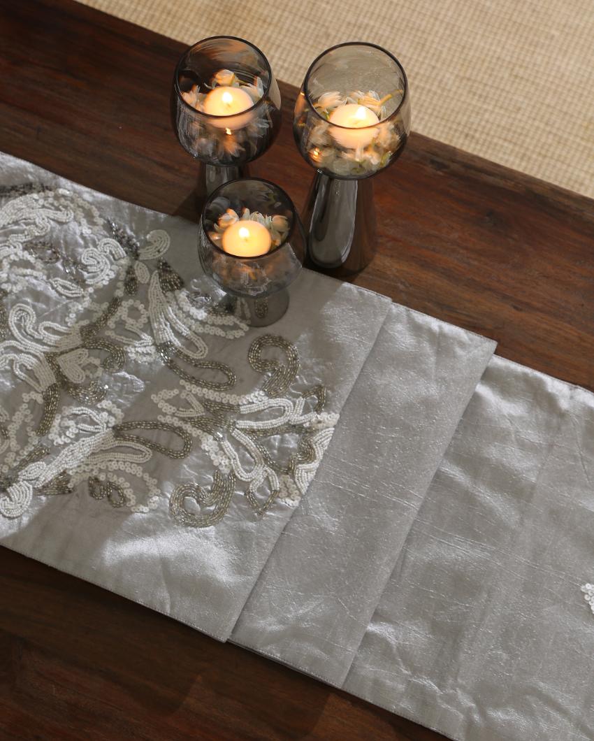 Silver Hand Beaded Polyester Table Runner | 82 x 13 inches