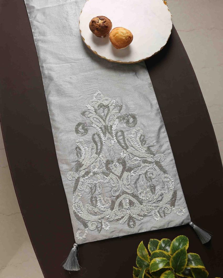 Silver Hand Beaded Polyester Table Runner | 82 x 13 inches