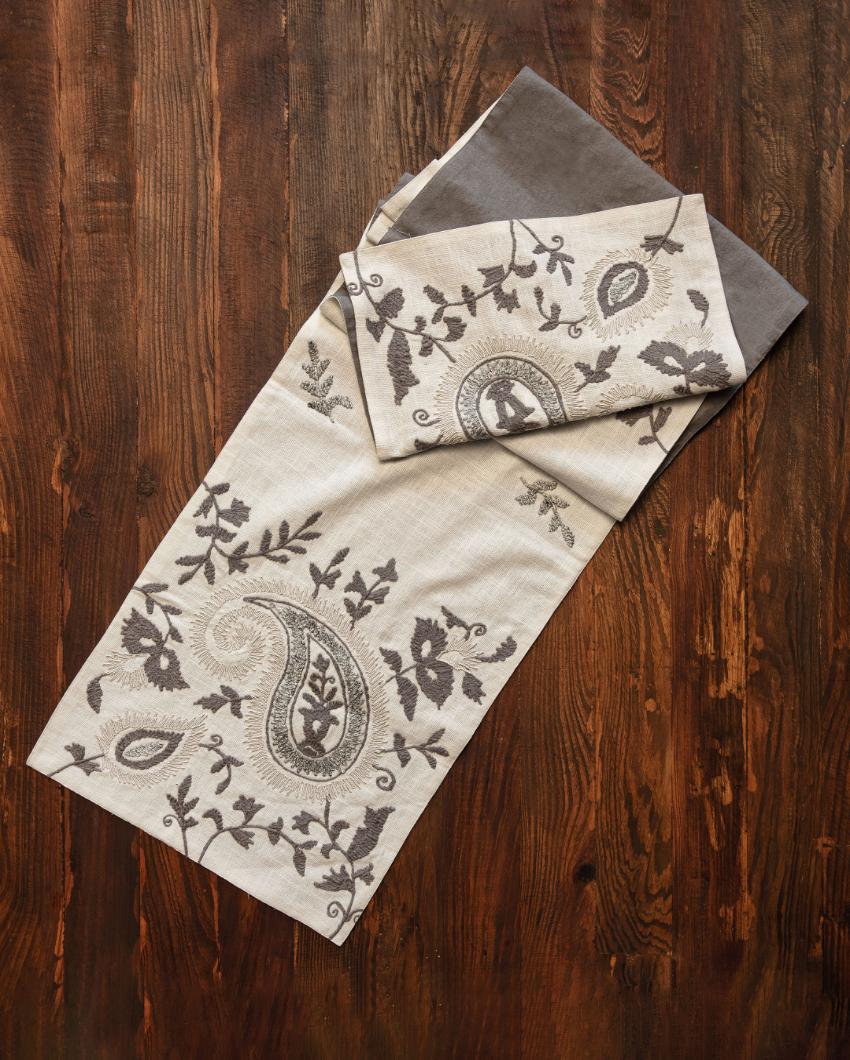 Ivory & Grey Embroidered Cotton Table Runner | 72 x 14 inches