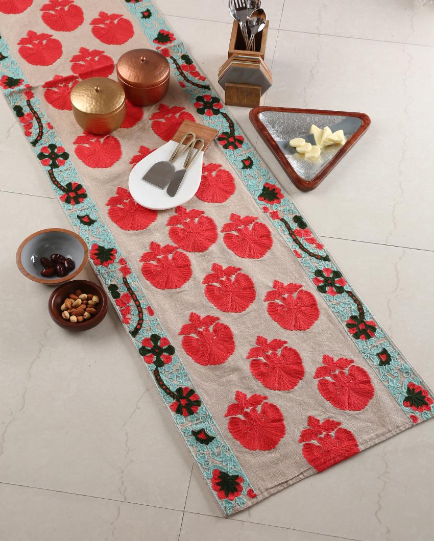 Moghul Design Floral Embroidery Cotton Table Runner | 60 x 16 inches Red