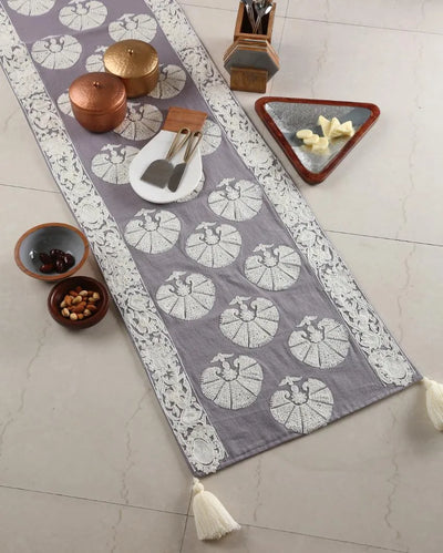 Moghul Design Floral Embroidery Cotton Table Runner | 60 x 16 inches Grey