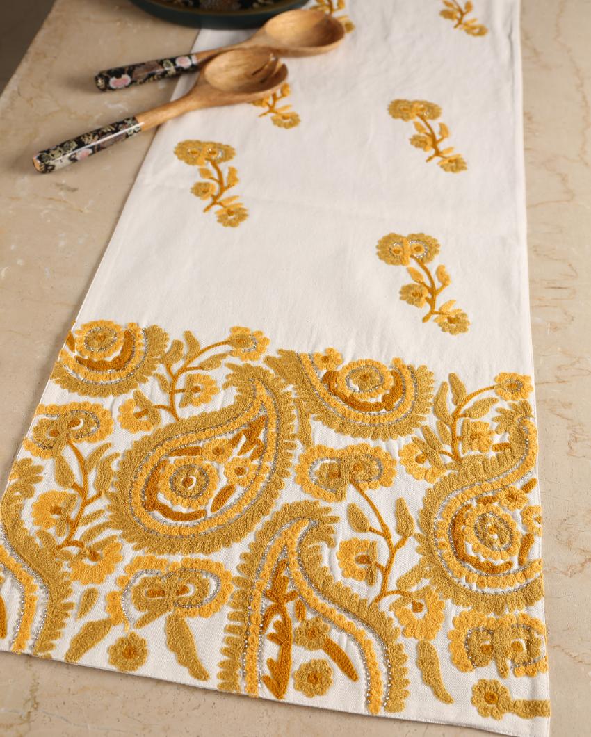 Yellow Embroidered Embellished Cotton Table Runner | 71 x 14 inches