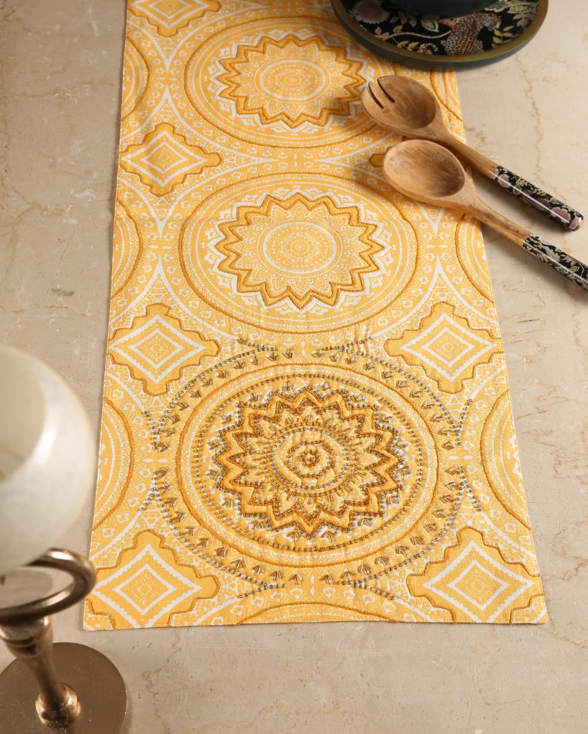 Hand Beading Yellow Cotton Table Runner | 72 x 15 inches