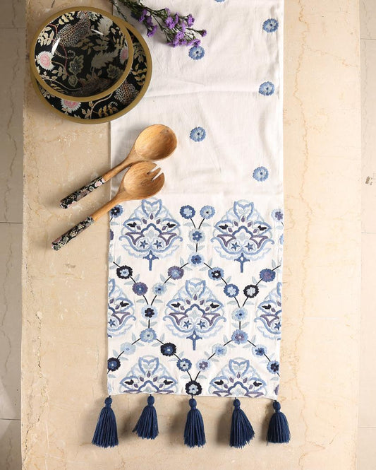 Embroidered Tassels Cotton Table Runner | 70 x 14 inches