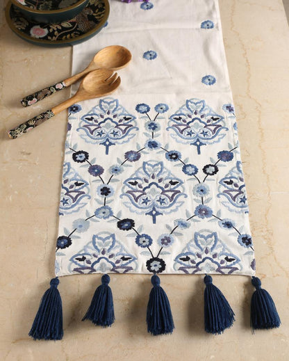 Embroidered Tassels Cotton Table Runner | 70 x 14 inches