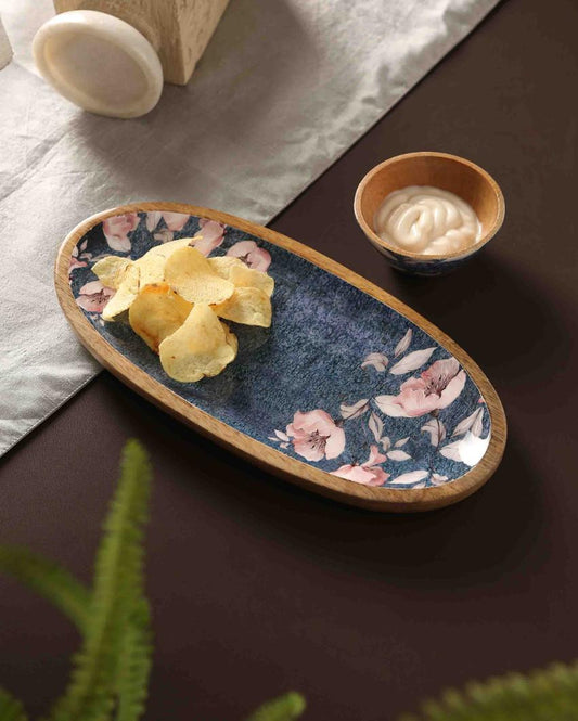 Flower Design Wooden Bowl Chip & Dip Platter