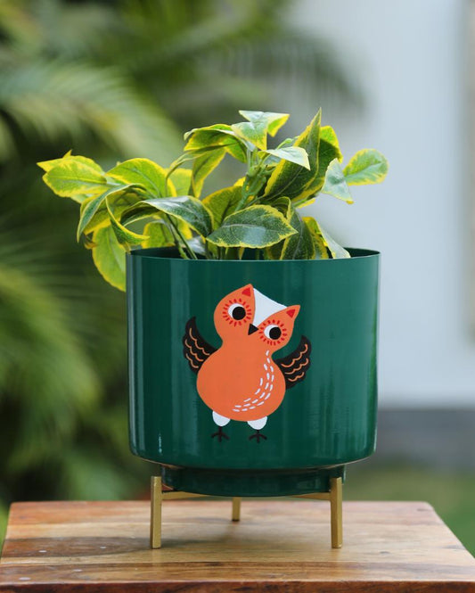 Printed Design Hand Painted Planter Green