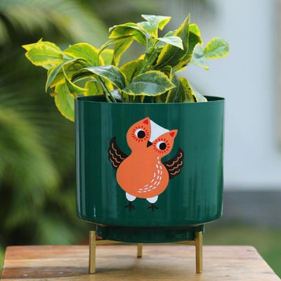 Printed Design Hand Painted Planter Green