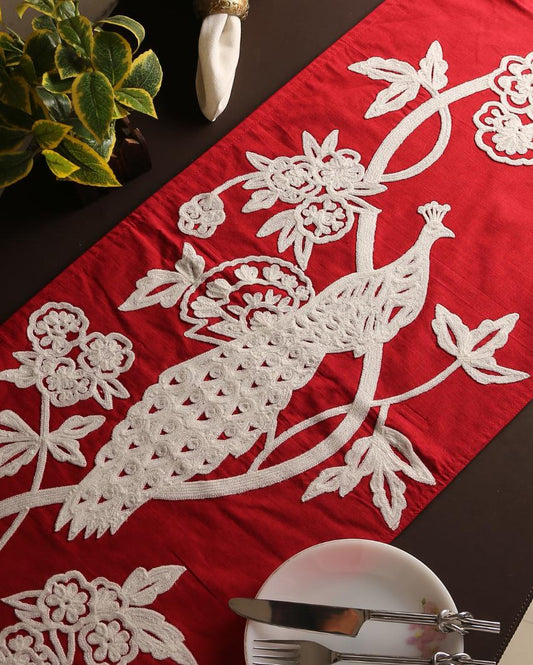 Peacock Design Embroidered Cotton Table Runner | 72 x 16 inches