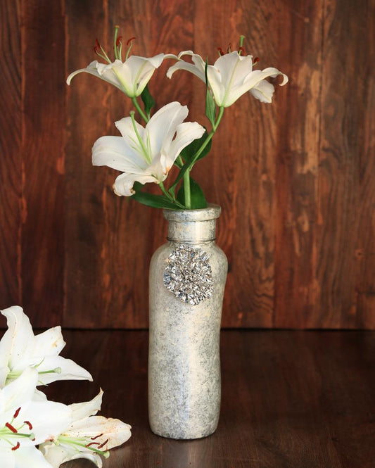 Silver Accent Ivory Glass Vase