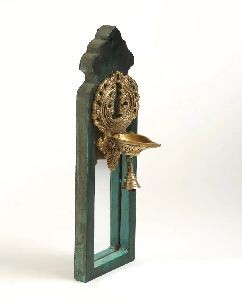 Distress Finish Mirror With Brass Bell Diya Style 1