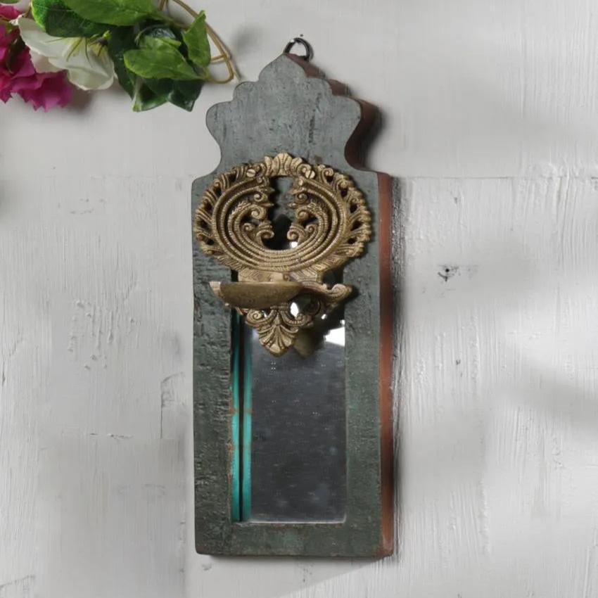 Distress Finish Mirror With Brass Bell Diya Style 2