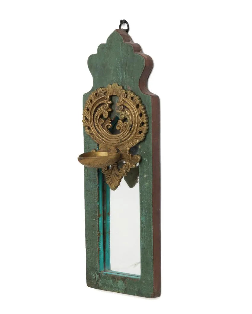 Distress Finish Mirror With Brass Bell Diya Style 2