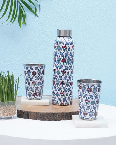 Blue Ornamental Iznik 1 Bottle with 2 Tumblers Gift Set