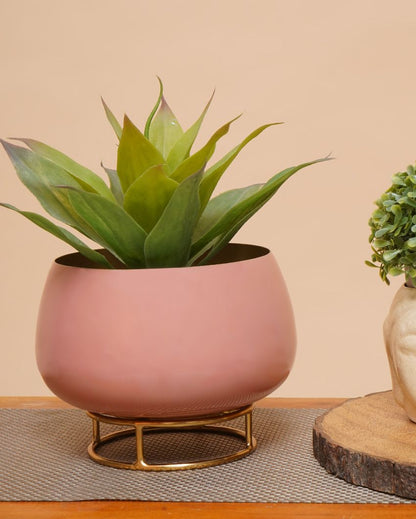 Blush Pink Enamel Metal Planter with Gold Stand