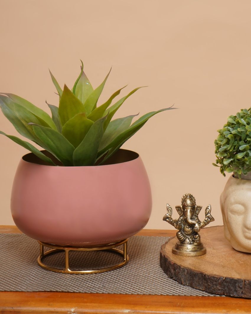 Blush Pink Enamel Metal Planter with Gold Stand