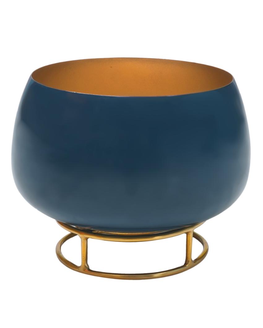 Teal Enamel Metal Planter with Gold Stand