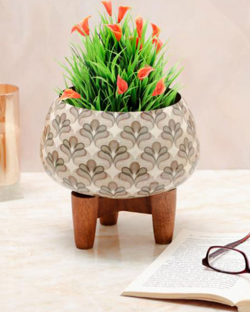 Earthy Waves Metal Planter with Wooden Stand