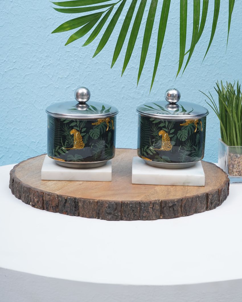 Jungle Print Stainless Steel Jars | Set Of 2 | 4 x 4 inches