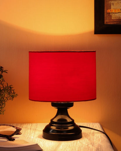 Stylish Cotton Drum Designer Table Lamp With Iron Base Red