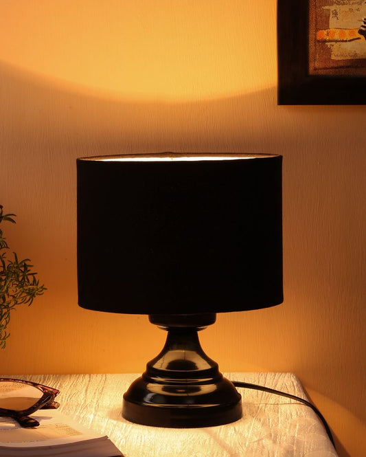 Stylish Cotton Drum Designer Table Lamp With Iron Base Black