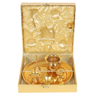 Gold Steel Pooja Thali With Velvet Box Default Title