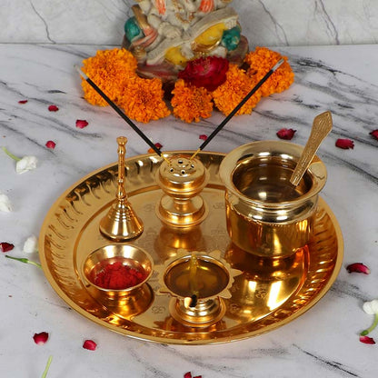 Gold Steel Pooja Thali With Velvet Box Default Title