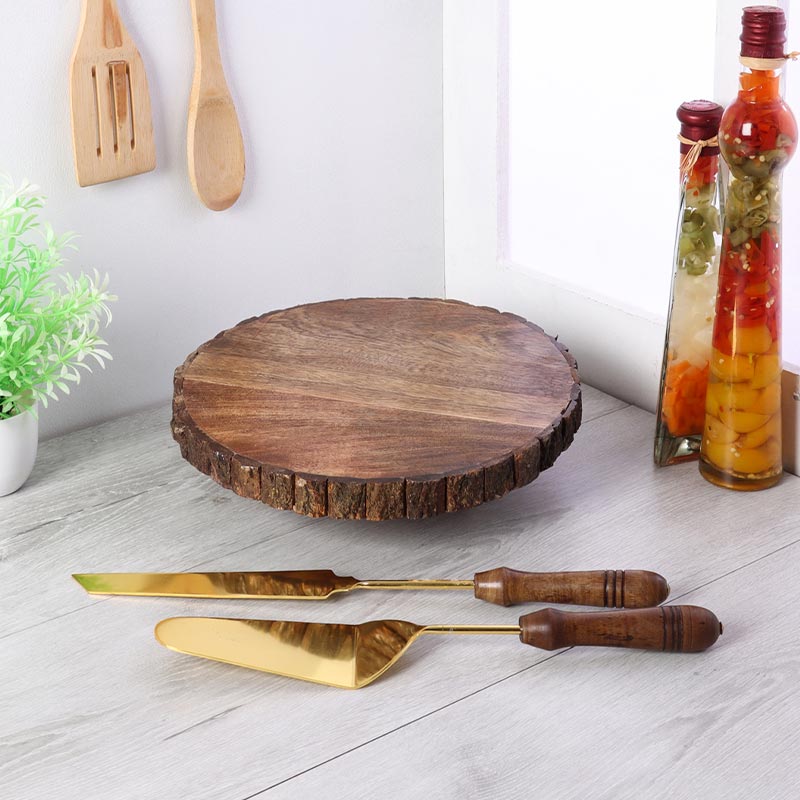 Mango Wood Revolving Cake Platter with Server Set Default Title