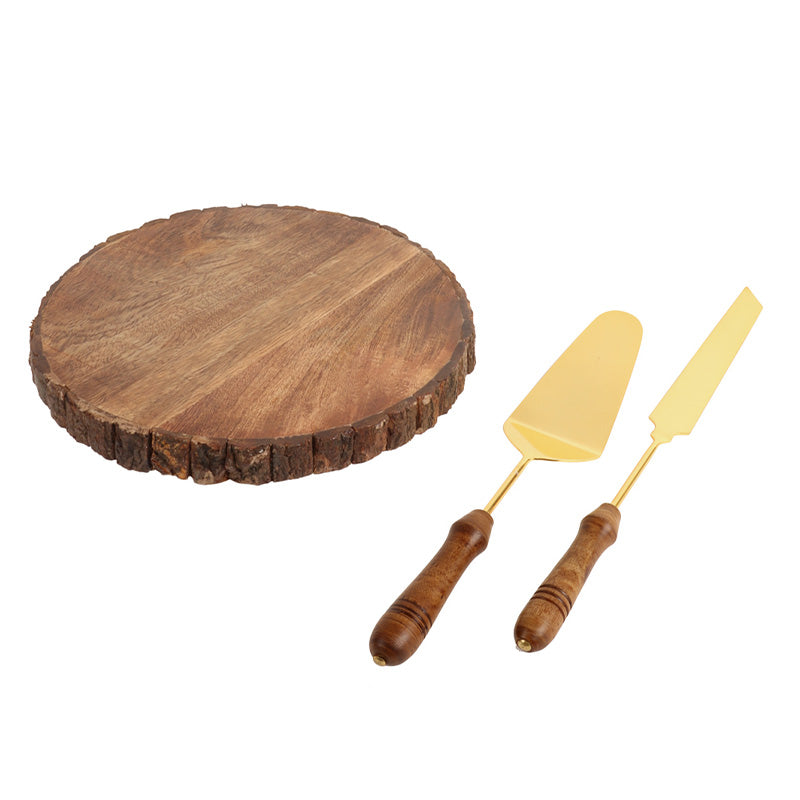 Mango Wood Revolving Cake Platter with Server Set Default Title