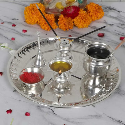 Silver Steel Pooja Thali With Velvet Box Default Title