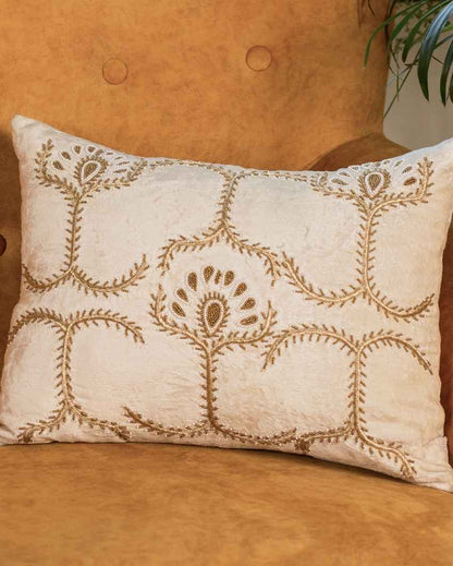 Delicate White Velvet Floral Embroidered Cushion Cover | 14 x 20 inches