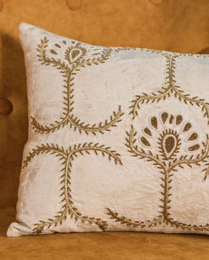 Delicate White Velvet Floral Embroidered Cushion Cover | 14 x 20 inches