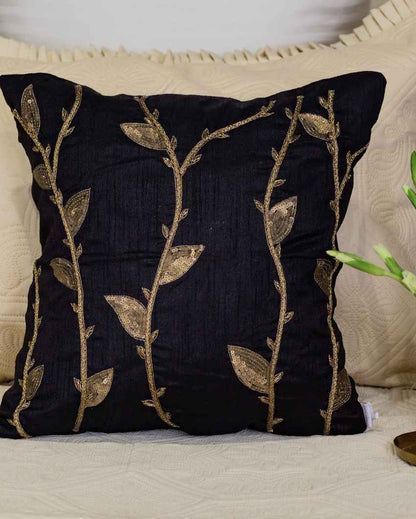 Intricate Black Branches Embroidered Cushion Cover | 16 x 16 inches