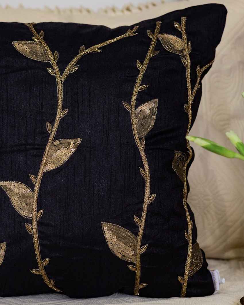 Intricate Black Branches Embroidered Cushion Cover | 16 x 16 inches