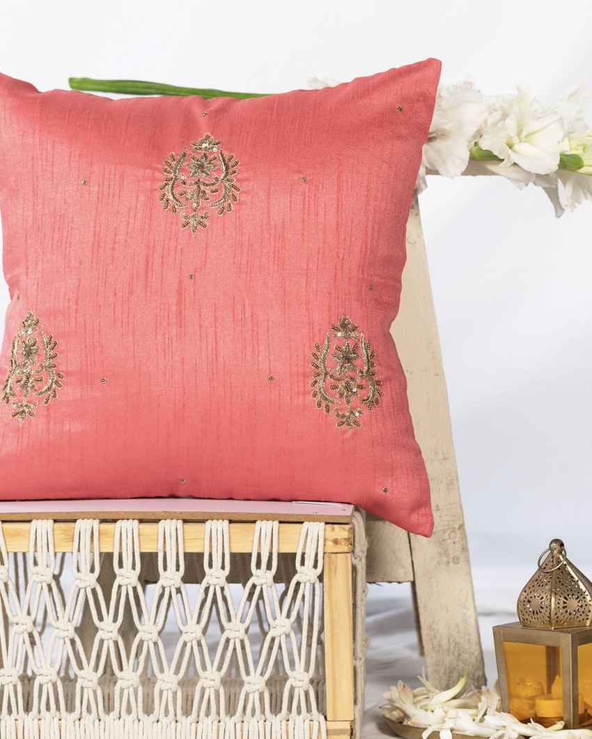 Luxurious Pink Silk Zardozi Cushion Cover | 16 x 16 inches