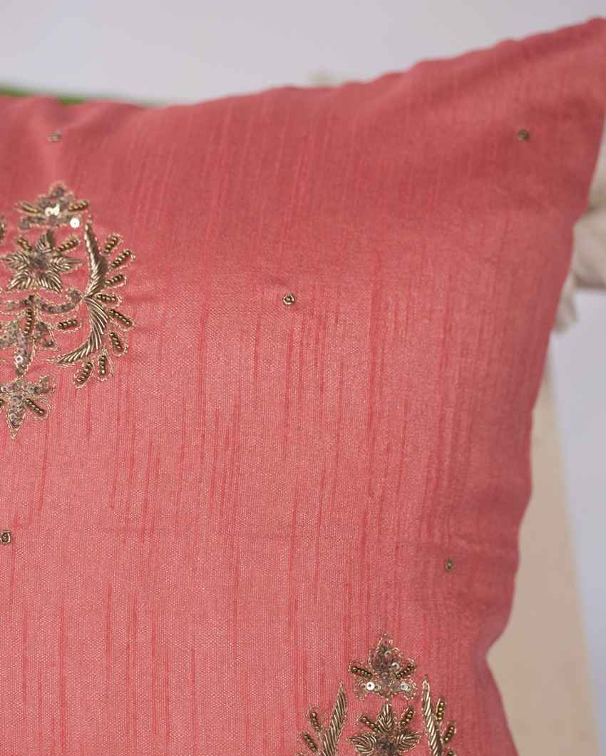 Luxurious Pink Silk Zardozi Cushion Cover | 16 x 16 inches