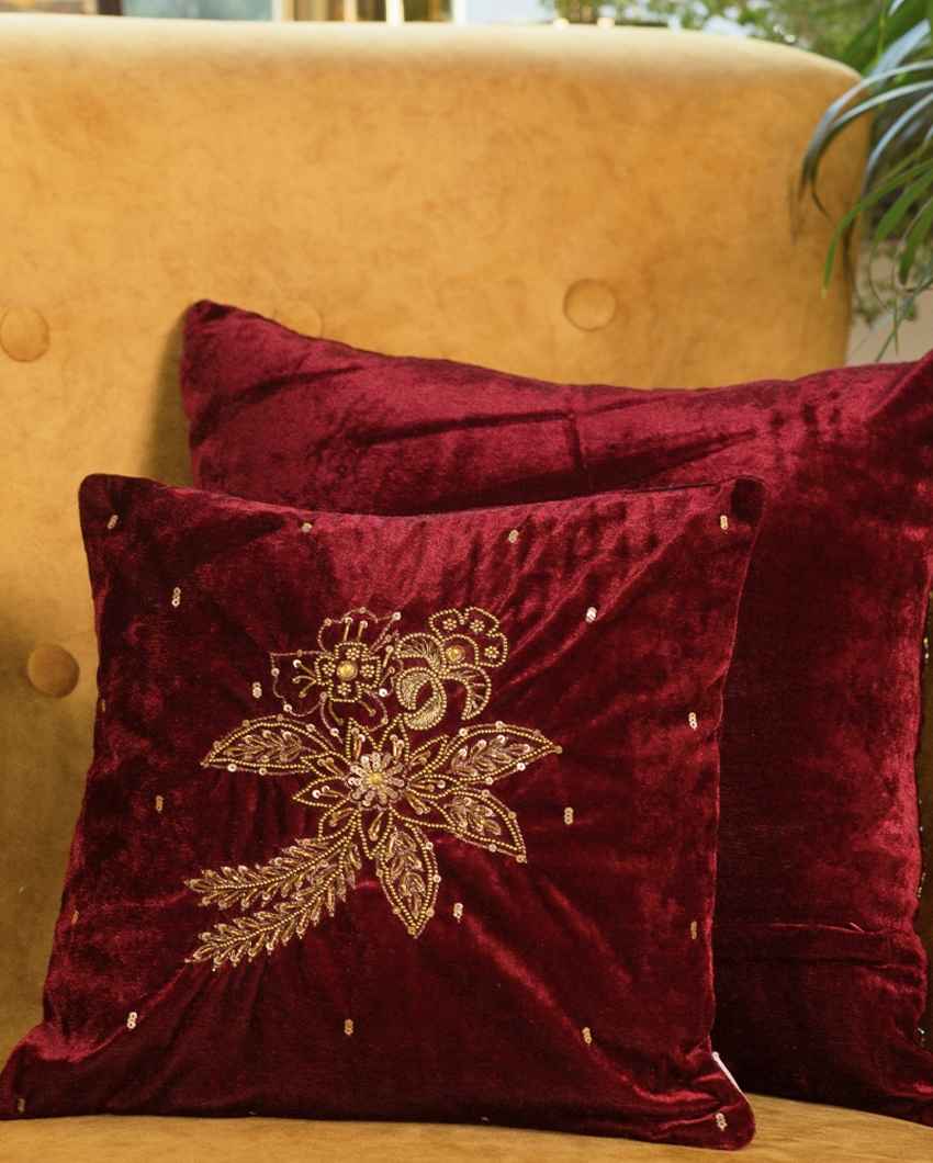 Plush Red Velvet Embroidered Decorative Cushion Cover | 12 x 12 inches